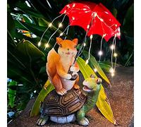 Garden Ornaments Outdoor - Solar Squirrel & Turtle Statue Figurine, Squirrel Siting on Turtle Holding Umbrella with String Lights, Waterproof Yard Decorations, Unique Garden Gifts for Mom, Women