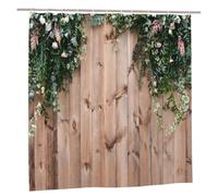 Garden Outdoor Shower Curtain, Wooden Fence Fresh Spring Greens Flowers and Leaf Plant on Wood Board, Bathroom Tub Decorative, Waterproof Polyester Bath Shower Curtain with 12 Hooks, 180x180cm