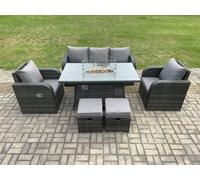 Garden Patio Furniture Wicker Rattan Gas Fire Pit Table and Chair set with 3 Seater Sofa 2 Small Footstools Dark Grey Mixed Fimous Dark Grey One Size