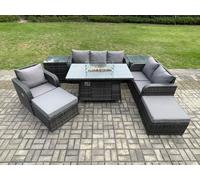 Garden Patio Furniture Wicker Rattan Gas Fire Pit Table and Sofa Chair set with 2 Side Tables 2 Big Footstool Fimous Dark Grey One Size