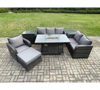 Fimous Garden Patio Furniture Wicker Rattan Gas Fire Pit Table and Sofa Chair set with 2 Side Tables Big Footstool