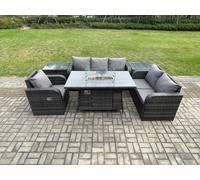 Garden Patio Furniture Wicker Rattan Gas Fire Pit Table and Sofa Chair set with 2 Side Tables Fimous Dark Grey One Size