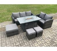 Garden Patio Furniture Wicker Rattan Gas Fire Pit Table and Sofa Chair set with 3 Footstools Dark Grey Mixed Fimous Dark Grey One Size