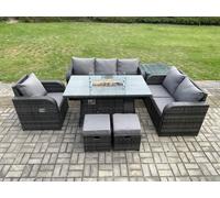Garden Patio Furniture Wicker Rattan Gas Fire Pit Table and Sofa Chair set with Side Table 2 Small Footstools Fimous Dark Grey One Size