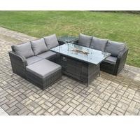 Garden Patio Furniture Wicker Rattan Gas Fire Pit Table and Sofa set with Side Table Big Footstool Fimous Dark Grey One Size