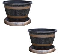 Garden Patio Container Pot with Saucer for Plants Wooden Barrel Effect design Made of durable garden plastic 39cm Pot and Saucer by Thompson and Morgan (2)