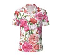 Garden Peony Print Men's Short-Sleeved Fashionable Polo Shirts,Golf Shirts,Formal Short-Sleeved Lapel Shirts Black
