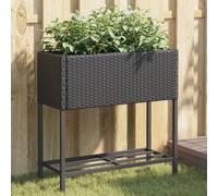 Garden Planter Black 70x28x70cm PE Rattan Powder-Coated Steel Raised with Shelf