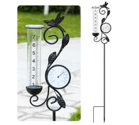 Garden Rain Gauge with Thermometer, Decorative Metal Stake, Dragonfly Design, Black