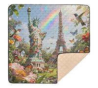 Garden Rainbow Statue of Liberty & Eiffel Tower Cute Foldable Baby Activity Play Mat for Indoor Outdoor Lightweight Tummy Time & Crawling Mat for Baby Kids Toddlers Infants, 50'' x 50''