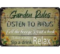 Garden Rules Listen To The Birds Take A Nap Sip A Drink Relax Porch Patio Yard Shed Aluminum Tin Sign Metal Wall Art Decorations Iron Painting for Home Decor Room Door Accessories Poster Housewarming