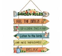 Garden Rules Wall Sign, Outdoor Funny Yard Decor, Beautiful Wooden Hanging | Feel the Breeze, with Flower Birds Quote, for Farmhouse, Gardening Gifts for Women Plant Lovers