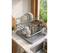 Garden Sanctuary 2 Tier Metal Dish Drainer Rack Sink Washing Plates Draining Board in Silver Garden Sanctuary Silver
