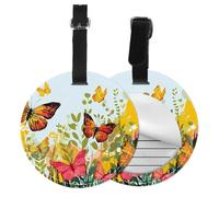 Garden Scene Round Luggage Tag 2PCS Wildflower Butterfly PU Leather Travel Bag Tag ID Labels Name Card Holder wtih Buckle for Luggage Suitcase Backpacks
