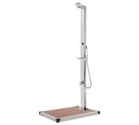 Garden Shower Stainless Steel with Brown WPC Base Plate 225 cm Height, Outdoor Shower with Head Shower, Hand Shower and Foot Wash Tap for Garden Pool, Swimming Pool, Hot Tub and Hottub Use