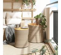 Garden Side Table Polyrattan Furniture 2 pcs with Wooden Top Coffee Tables