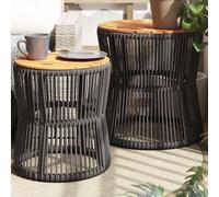Garden Side Tables 2 pcs with Wooden Top Grey Poly Rattan