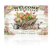 Garden Signs, Welcome to My Garden Metal Plaques for Outside, Vintage Wall Art Hanging Iron Painting, Gardening Gifts for Gardening Lovers and Yard Outdoor Decor (White)