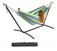 Gr8 Garden Single Cotton Hammock Outdoor Swing with Metal Stand, Multi