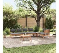 Garden Sofa Set 5-Seater Teak Frame Brown Dark Grey Cushions Outdoor Adjustable