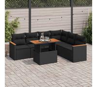 Garden Sofa Set Black 7pc PE Rattan & Acacia Wood 62x62x69cm Modular w/ Cushions