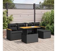 Garden Sofa Set Black PE Rattan & Acacia Wood 6-Piece 55x62x69cm Modular Outdoor