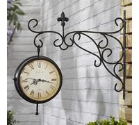 Garden Station Clock with Thermometer Bracket Double Sided with Waterproof Cover, Vintage Antique-Look Wall-Mounted for Indoor & Garden, Hanging Décor, Premium Metal Materials, Black
