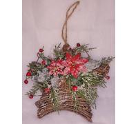 Garden Store Direct Twig Wrapped Hanging Star With Poinsettia And Berry Frosted Décor