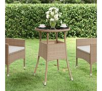 Garden Table Beige Ø60x75cm Poly Rattan Powder-Coated Steel Tempered Glass Top.