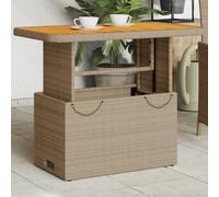 Garden Table Beige 90x55x71 cm PE Rattan Adjustable Lift Acacia Wood Top Patio.