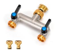 Garden Tap Splitter 2 Way, Brass Garden Tap Splitter 2 Way, Extended Handle 3/4 Inch Adapter with 2 PCS 3/4 inch to 1/2 Inch Connector for House, Yard