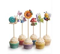 Garden Theme Cupcake Toppers, 7 Designs, Glossy Die-Cut | Sunflower & Mushroom, Bamboo Food Picks, Vibrant Photo Paper, For Cakes & Cupcakes, Up to 12 cm Tall