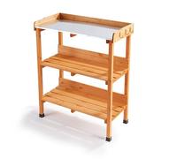 GARDEN TIME Wooden Potting Table with Galvanised Metal Worktop - 3 Tier Garden Workbench with Storage Shelves & Tool Hooks - Outdoor Planting Bench for Patio, Greenhouse & Gardening