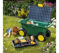 Garden Tool Trolley & Seat - Durable Plastic Storage Cart Box with 4 Wheels, 2 Handles, Clasp Secured Lid & Removeable Tray - Store & Transport Gardening Hand Tools & Equipment, H30 x W55 x D27cm
