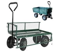 Garden TRAILER Cart with Liner Pull Along Trolley Heavy Duty Green Mesh Utility Gardeners Wagon, Removable Folding Sides, Pneumatic Tyres, Outdoor Cart for Gardening, Festivals, Camping 200Kg Loading