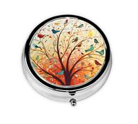 Garden Tree and Birds Printed Metal Round Small Pill Box for Purse 3 Compartment Cute Pill Case Pill Organizer Travel Pill Container Medicine Organizer Box Pill Holder Pill Pockets
