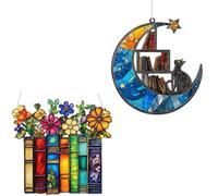 Garden Wall Decorations 2D Book Ornament, Cute Cat Bookshelf Suncatcher Ornament, Acrylic Suncatchers for Windows with Stained Glass Effect, Casting Enchanting Light Patterns, Book Lover Gifts