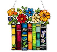 Garden Wall Decorations 2D Book Ornament, Floral Book Shelf Decor with Stained Glass Effect, Suncatchers for Windows, Bookish Gifts for Books Decor, Librarians, Teachers, Books Lovers Gifts