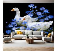 Garden Wall Mural White Goose with Blue Daisy Photo Poster Mural Wallpaper Non-Woven Premium Art Print Living Room Bedroom Nursery TV Background Home Decor 300 x 210cm
