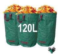 Garden Waste Bags 120Lx 3 Packs,Heavy Duty Waterproof Garden Green Waste Sacks with 1 Pair of Gardening Work Gloves,Reusable Builders Bags Refuse Rubbish Bag,Tools Bags for Plant Leaf Trash Debris