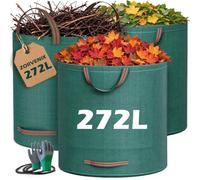 Garden Waste Bags 272L 3Pack Waterproof Garden Bags with 4 Handles & Gloves | Collapsible, Sturdy Leaf Bags with Support Rings for Grass, Leaves, and Green Waste; Reusable and Durable