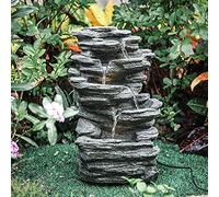 Garden Water Feature Decorate Cascading Tiered Water Fountain Pump Waterfall with LED Lights Indoor/Outdoor, Winding Rockery Waterfall, Grey