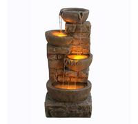 Garden Water Feature Outdoor LED Fountain 4-Tier Cascading Bowl Brown Teamson