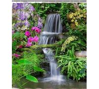 Garden Waterfall Shower Curtain Full of Moss Flower Stone Steps Nature Landscape Shower Curtains for Bathroom Waterproof Fabric Scenic Bath Curtain with Hooks 120x180cm