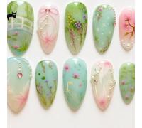 Garden Whispers Nails - 24Pcs Artistic Press On Set with Hand-Painted Garden Floral Designs and Pearl Rhinestone Accents - Elegant Acrylic Tips for Weddings, Parties, and Everyday Style