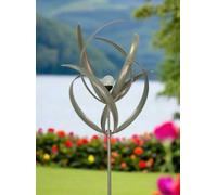 Garden Wind Sculpture Spinner, Metal Kinetic Sculpture with Glass Solar Bulb, Verdigris Green Finish, Outdoor Yard Art measuring 61 x 61 x 208cm
