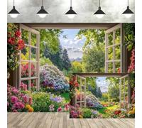 Garden Window Backdrop Photography, Spring Floral Nature Landscape Decorations Banner Backdrops, Colorful Garden Wedding Anniversary Family Party Background Props 7X5ft