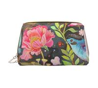 Garden with Bird and Flower Printed Small Makeup Bag Portable Leather Make up Bag Travel Zipper Cosmetic Bags Organizer for Women