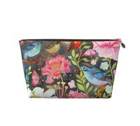 Garden with Bird and Flower Printed Travel Cosmetic Bags with Gold Zipper Makeup Organizer Cosmetic Case Toiletry Bag for Women Mom Girls