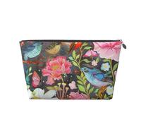 Garden with Bird and Flower Printed Travel Cosmetic Bags with Silver Zipper Makeup Organizer Cosmetic Case Toiletry Bag for Women Mom Girls
